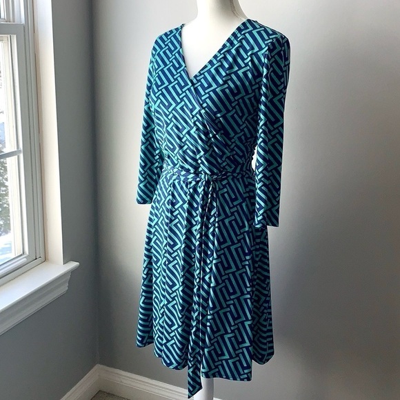 41 Hawthorn Renesmee Dress Faux Wrap Fit & Flare Turquoise Navy Belted Medium - Picture 4 of 10